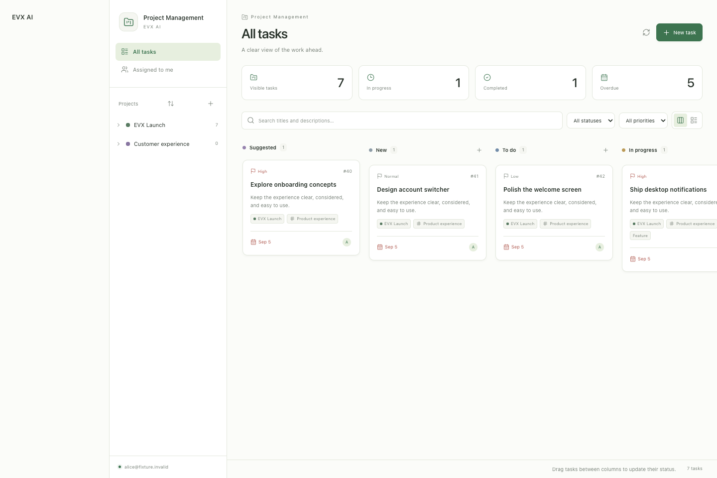 EVX AI project management board with sample project tasks and status columns